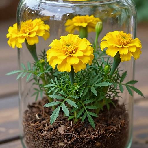 Photograph of vibrant yellow marigold flowers in a clear glass jar, with green foliage and soil, on a wooden surface.