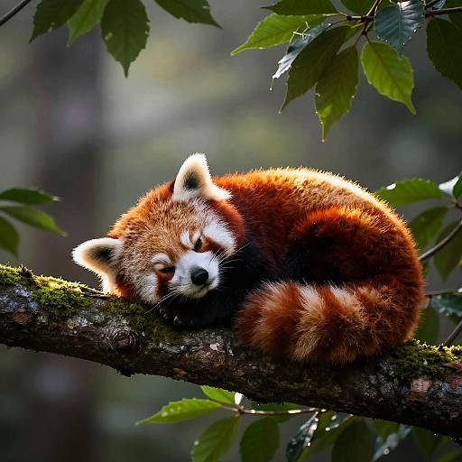Photograph of a red panda sleeping on a moss-covered branch, surrounded by green leaves, with soft sunlight filtering through the forest.