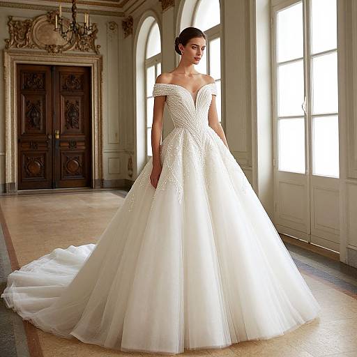Photograph of a young woman in an off-the-shoulder, white, lace-embellished wedding gown with a long train, standing in