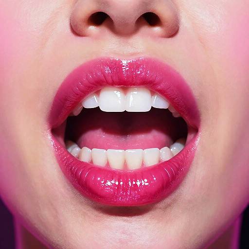 Close-up photograph of a young woman's open mouth with glossy, vibrant pink lips and white teeth, set against a pinkish background.