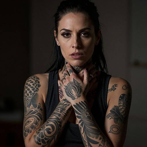 Photograph of a tattooed woman with dark hair, intense gaze, wearing a black tank top, hands clasped near her neck, dimly lit