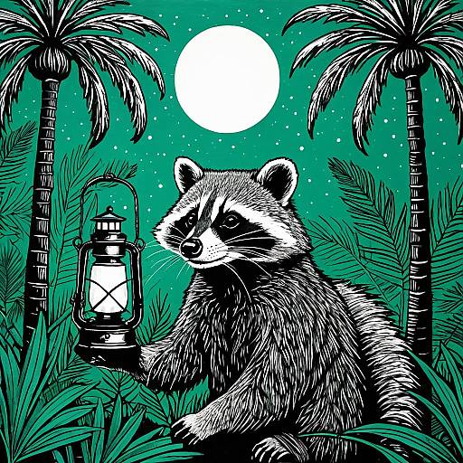 Crafty Raccoon with Lantern in Gond Style