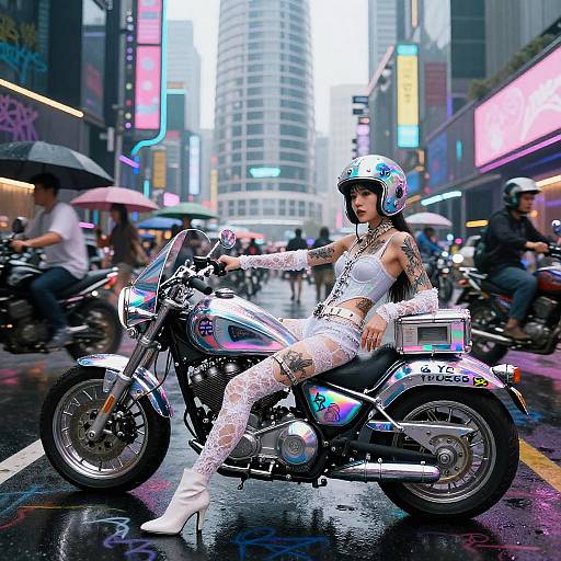 Photograph of a tattooed woman in white lace outfit and helmet, riding a neon-lit motorcycle on a rainy, bustling city street. Vibrant