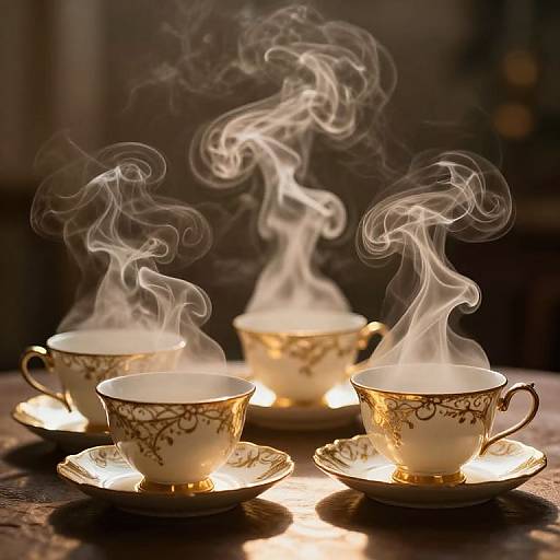 Photograph of four elegant, gold-trimmed white teacups with swirling steam, glowing from candlelight on dark wooden table.
