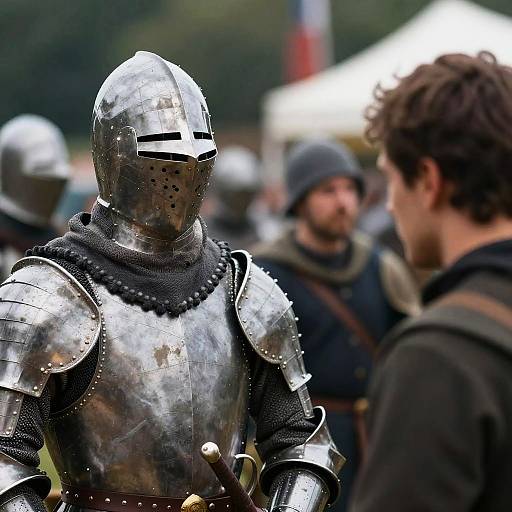 Photograph of a medieval reenactment: a knight in shiny, silver armor with a black scarf and slitted visor, converses with