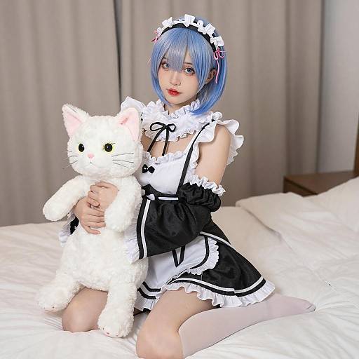 Young Woman in Maid Outfit with Stuffed Cat