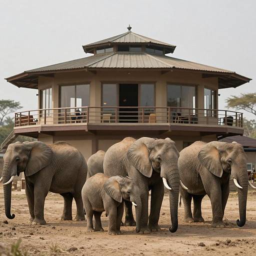 Elephants Near Safari Lodge Under Overcast Sky