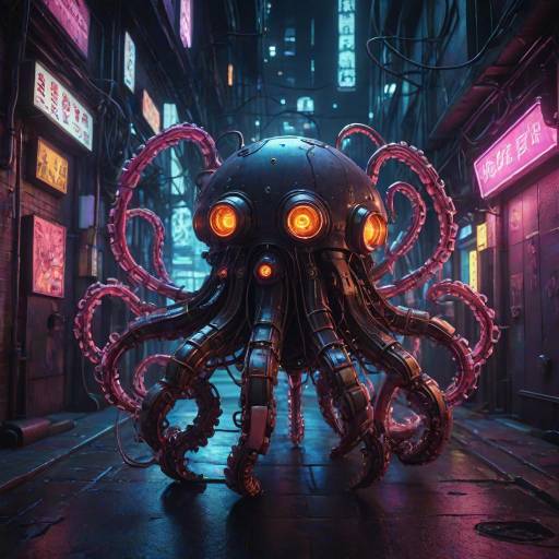 Neon Mechanical Octopus in Cyberpunk Alley