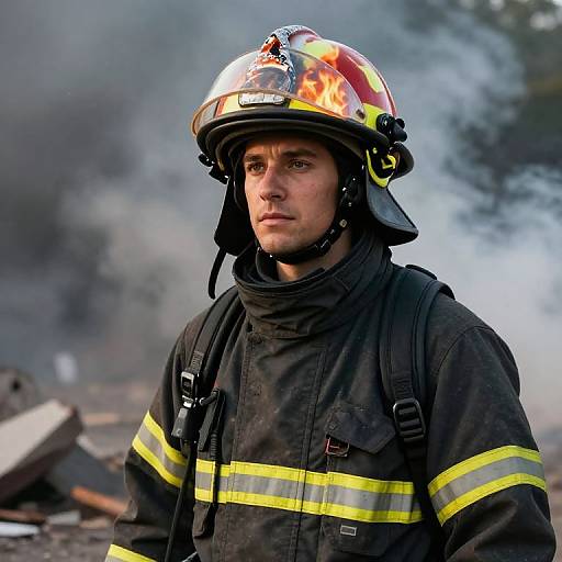 Photograph of a serious male firefighter in black gear with yellow stripes, wearing a reflective helmet with flames, standing amidst smoke and debris.
