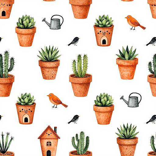 Watercolor-style pattern of orange terracotta pots with green succulents, gray watering cans, orange and black birds, and cacti on
