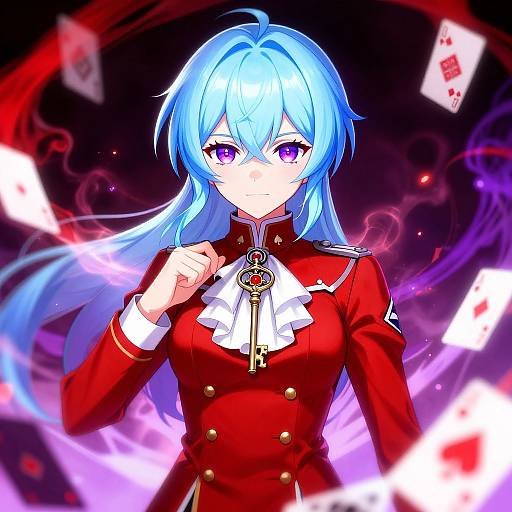 Digital anime-style drawing of a blue-haired, purple-eyed woman in a red military-style jacket with a key pendant, surrounded by floating playing cards and swirling