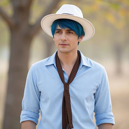 Photograph of a young man with blue hair, wearing a white hat, light blue shirt, brown tie, standing outdoors, blurred tree background.