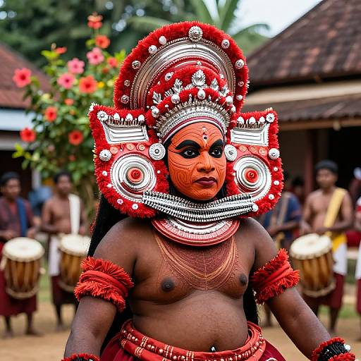 Photograph of a topless Indian woman with dark skin, red face paint, elaborate red and white headdress, and red armbands, standing in