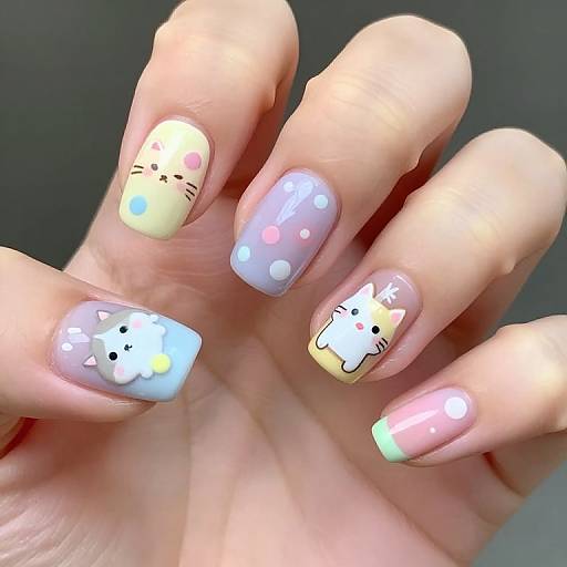 Photograph of a hand with pastel-colored, glossy nail art featuring Hello Kitty designs, including polka dots and cute faces.