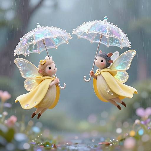Photograph of two whimsical fairy mouse characters with translucent wings, yellow capes, and lace umbrellas, flying in a rain-soaked garden.