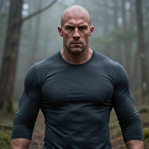 Photograph of a muscular, bald man with a stern expression, wearing a tight, dark gray long-sleeve shirt, standing in a misty