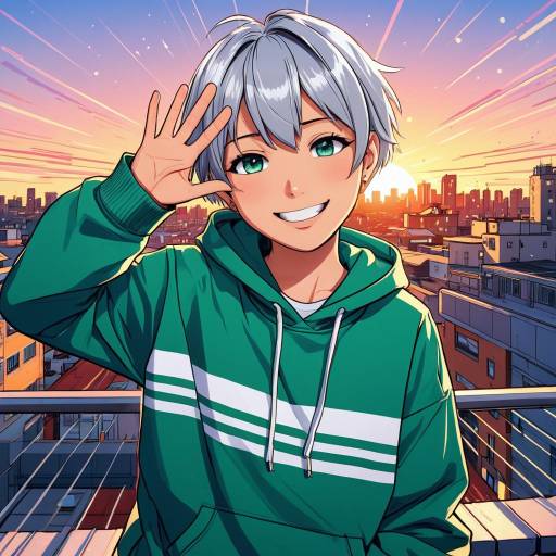 Cheerful Anime Teenager on Rooftop at Sunset