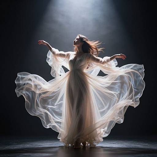 Photograph of a woman in a flowing, translucent white dress, silhouetted against a dark background with spotlight overhead, arms gracefully raised, fabric