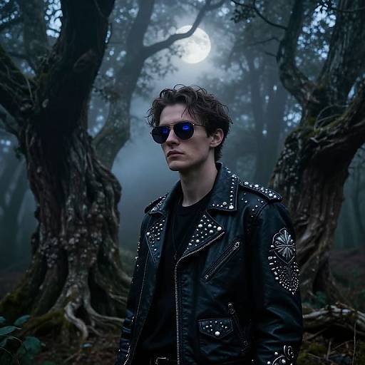 Photograph of a brooding man with messy brown hair, wearing dark sunglasses and a studded black leather jacket, standing in a foggy, eerie
