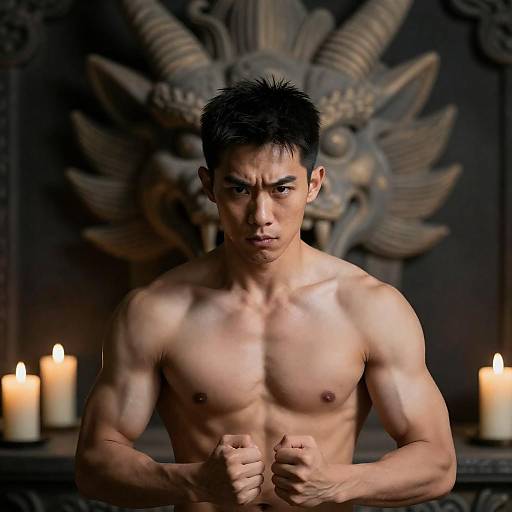 Muscular Shirtless Asian Man with Intense Expression