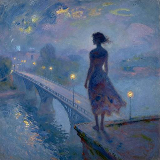 Impressionistic painting of a silhouetted woman in a flowing dress standing on a bridge at night, illuminated by street lamps.