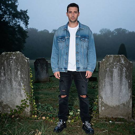 Photograph of a bearded man in a blue denim jacket, white t-shirt, black ripped jeans, and sneakers, standing between two old gravest