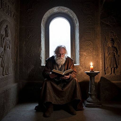 Elderly Scholar in Ancient Tomb