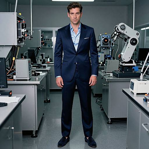 Photograph of a handsome man in a black suit standing in a modern, high-tech laboratory with robotic arms and computer equipment.