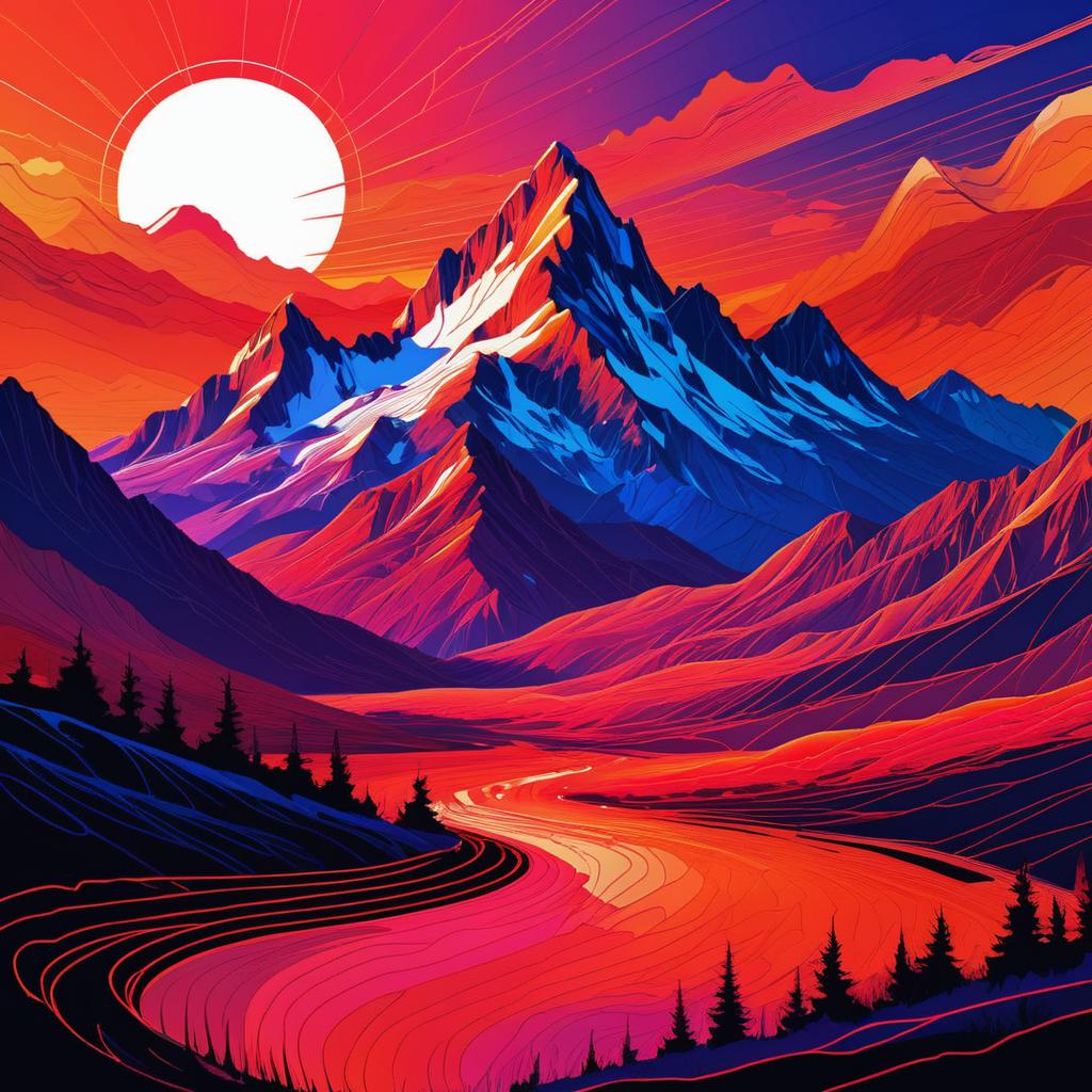 Neon Sunrise Mountain Landscape Art