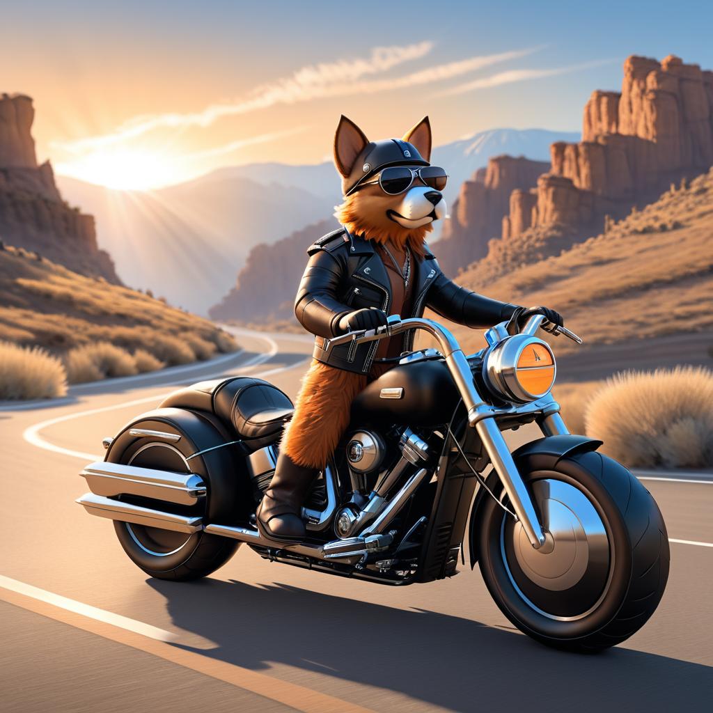 Biker Dog on Harley in Sunset