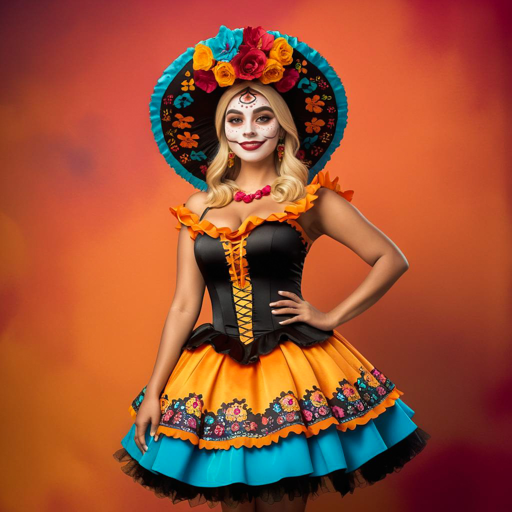 Smiling Woman in Floral Catrina Costume