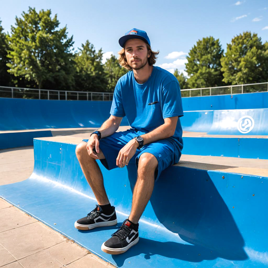 Skateboarder in Electric Blue Cargo Shorts