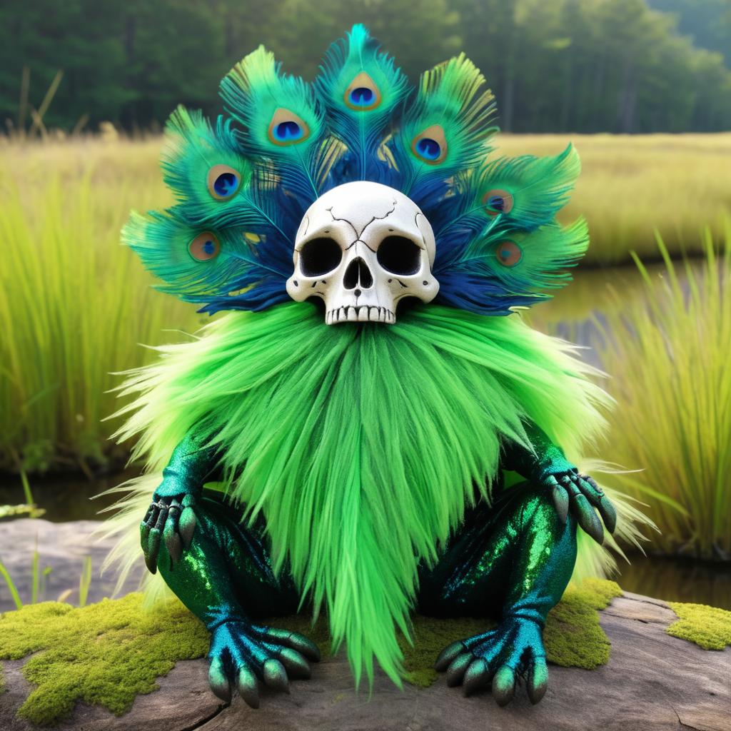 Stylized Skeletal Toad with Peacock Tails