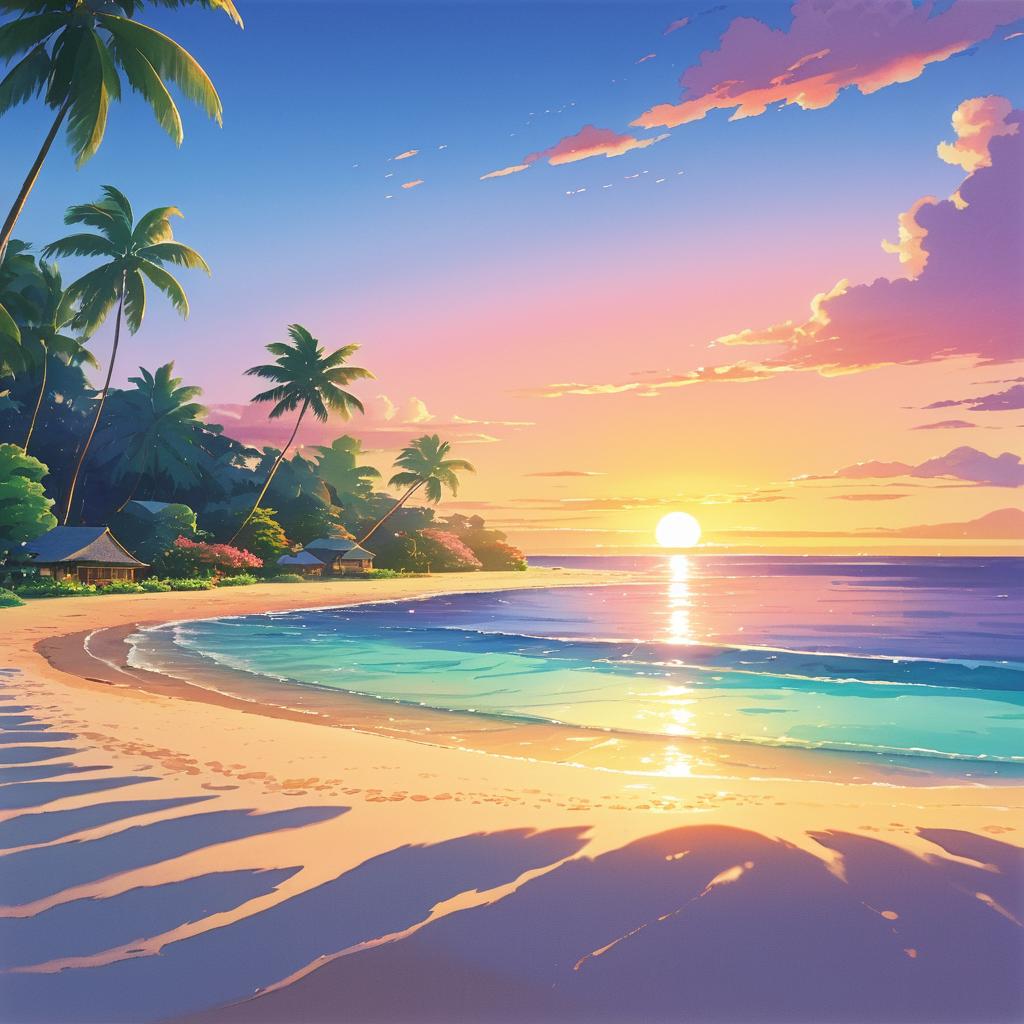 Wholesome Beach Sunset in Animated Style