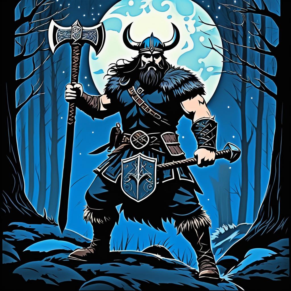 Viking Warrior in Enchanted Night Forest