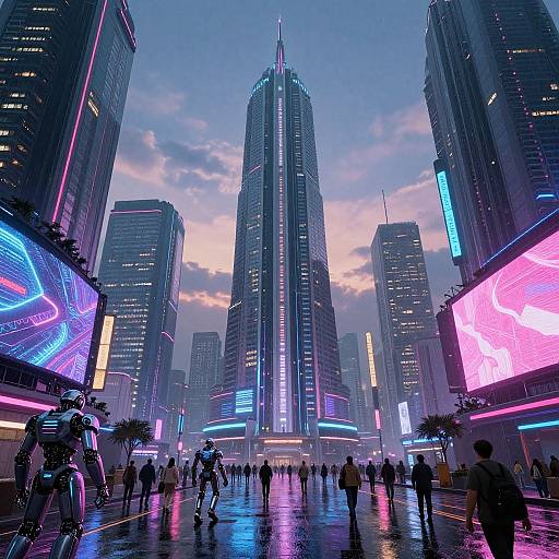 Digital artwork of a futuristic cityscape at dusk featuring a towering, neon-lit skyscraper surrounded by glowing buildings and crowds on a reflective, wet street