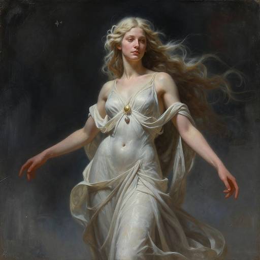 Digital painting of a serene, ethereal blonde woman with flowing hair, wearing a white, flowing, Grecian-style dress, against a dark,