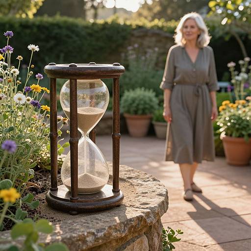 Photograph of a smiling elderly woman in a grey dress walking past a glass hourglass on a garden path with colorful flowers.