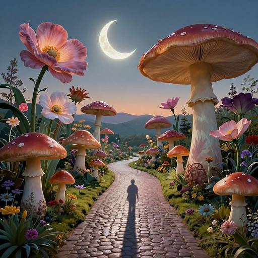 Fantastical digital painting: Silhouetted figure on winding cobblestone path flanked by giant pink and red mushrooms with blooming flowers under