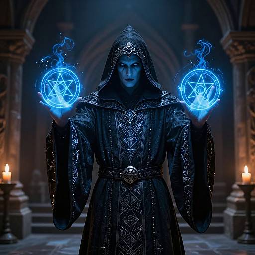 Mysterious hooded mage in dark, ornate robe holding glowing blue magical circles with pentagrams, standing in dimly lit, candle-lit go