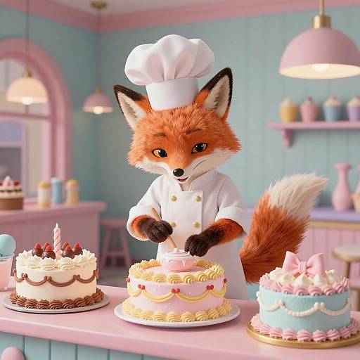 CGI image of an anthropomorphic fox in a white chef's hat, decorating pastel-colored cakes in a whimsical, pink and blue bakery.
