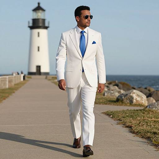 Photograph of a Black man in a white suit, blue tie, and sunglasses walking towards a white lighthouse by the ocean.