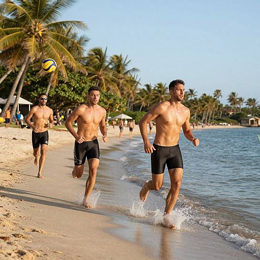 Photograph of three shirtless men in black swim trunks playing beach volleyball on a sunny tropical beach with palm trees.