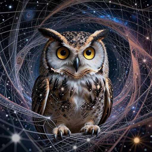 Digital artwork of a detailed, vividly colored owl with intense yellow eyes, sitting in a cosmic spiderweb against a starry, swirling galaxy background.