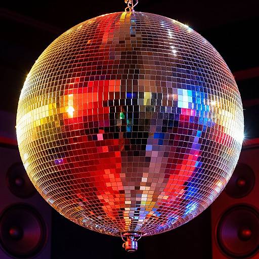 Photograph of a reflective disco ball, illuminated with vibrant red, blue, and yellow lights, hanging against a dark background with subtle speaker silhouettes