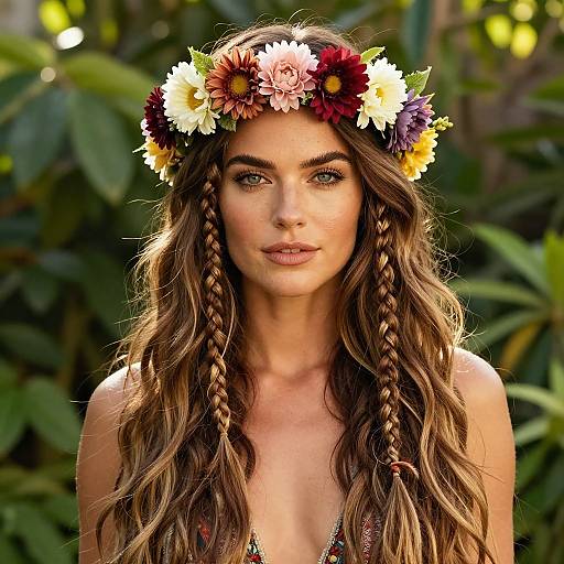 Photograph of a beautiful young woman with long, braided brown hair, wearing a colorful flower crown, against a lush green background.