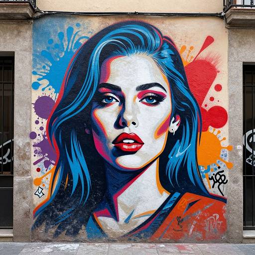 Vibrant street art mural of a blue-haired woman with red lips, white and blue face, and colorful splashes on a concrete wall.