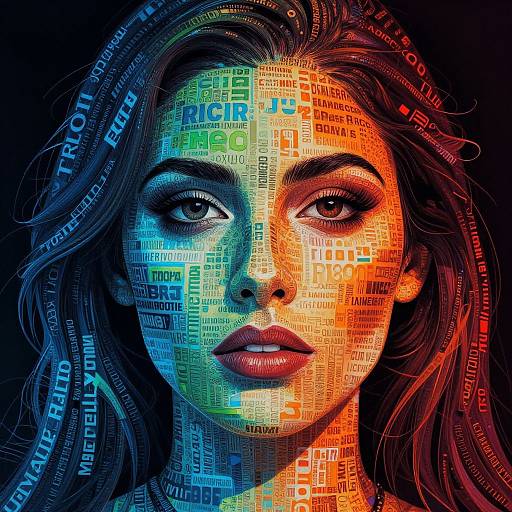 Digital artwork of a woman's face composed of colorful text words like 