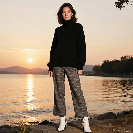 Photograph of a woman with wavy dark hair, black turtleneck, checkered pants, and white boots, standing by a sunset-lit