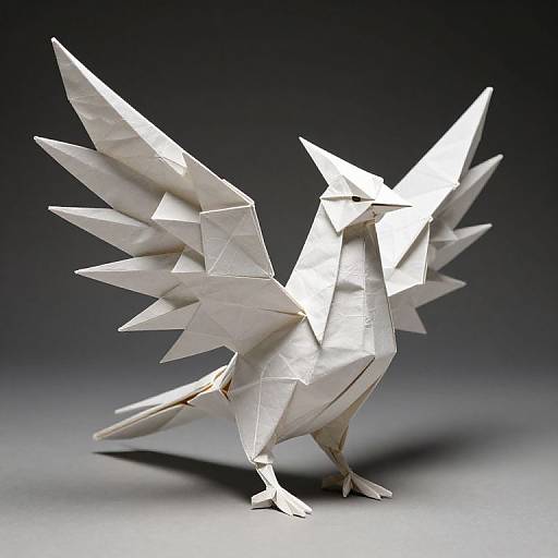 Photograph of an intricate, white paper origami dragon with sharp, angular wings and legs, standing against a dark gradient background.